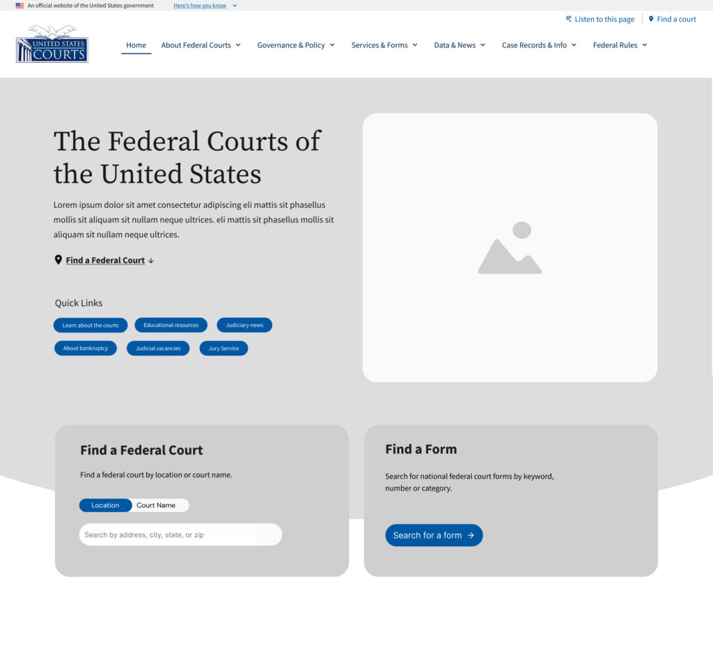 A wireframe design for the main US Courts website