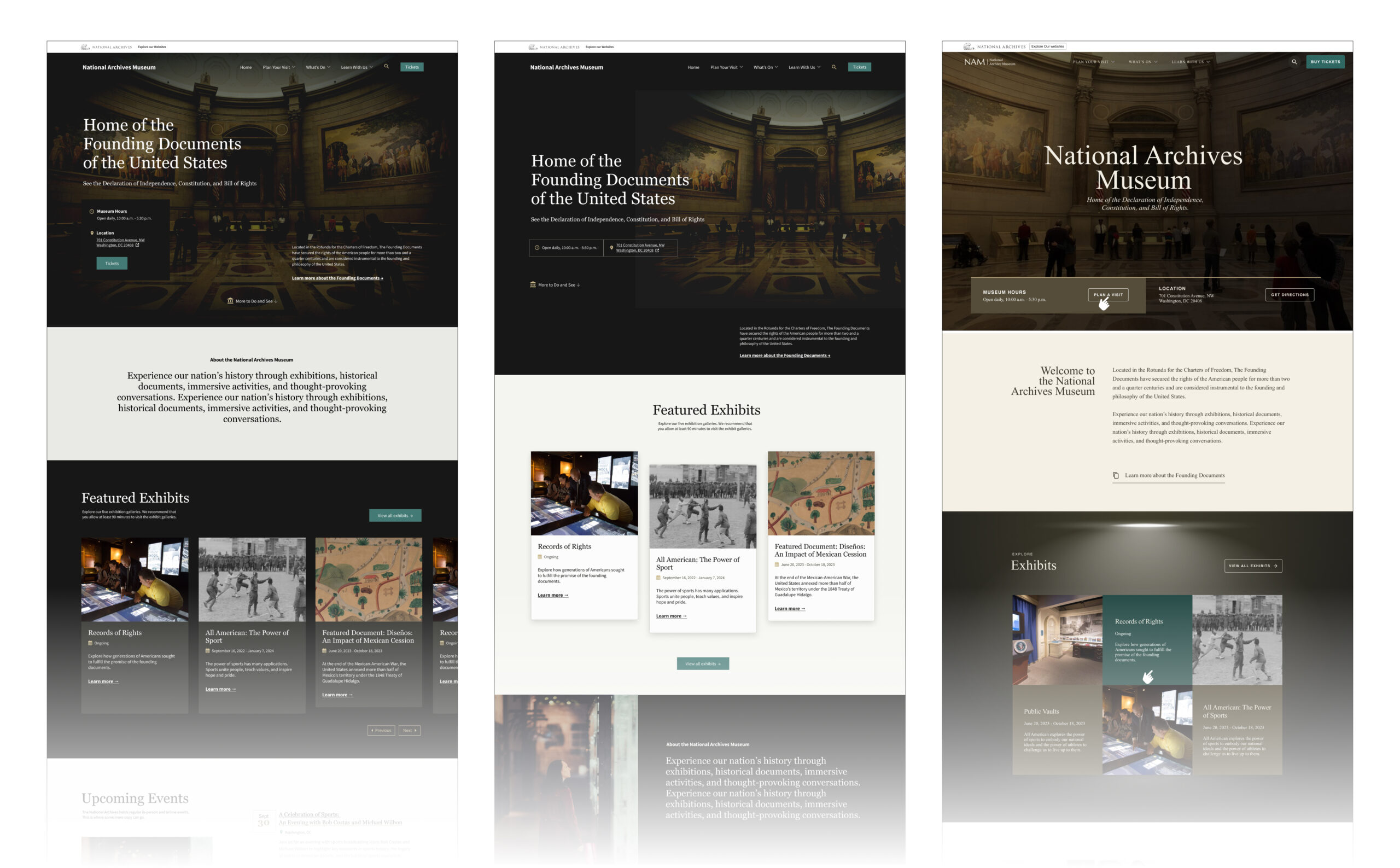 Three home pages with different layouts but the same look and feel