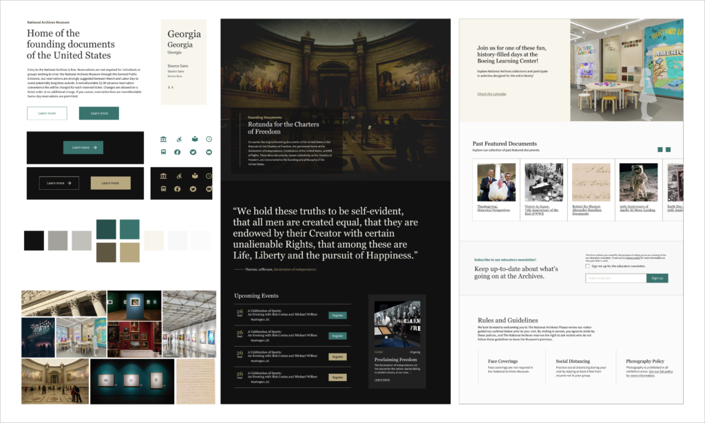 Style inspiration for the National Archives Museum. Board includes typography, buttons, icons, component inspiration, and images.