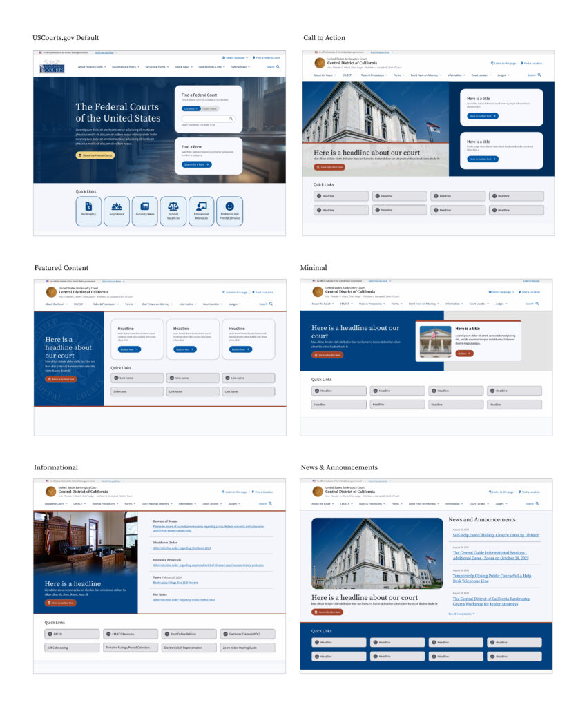 A grid of 6 home page hero screens showing the 6 templates made for the us courts template system