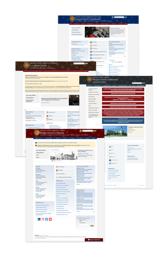 Grouping of court websites with original templates identifying the court type by the color used in their headers