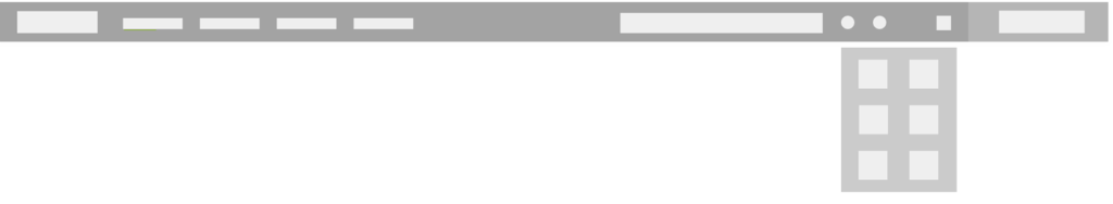 Wireframe of the header with modules being accessed through a waffle menu with icons