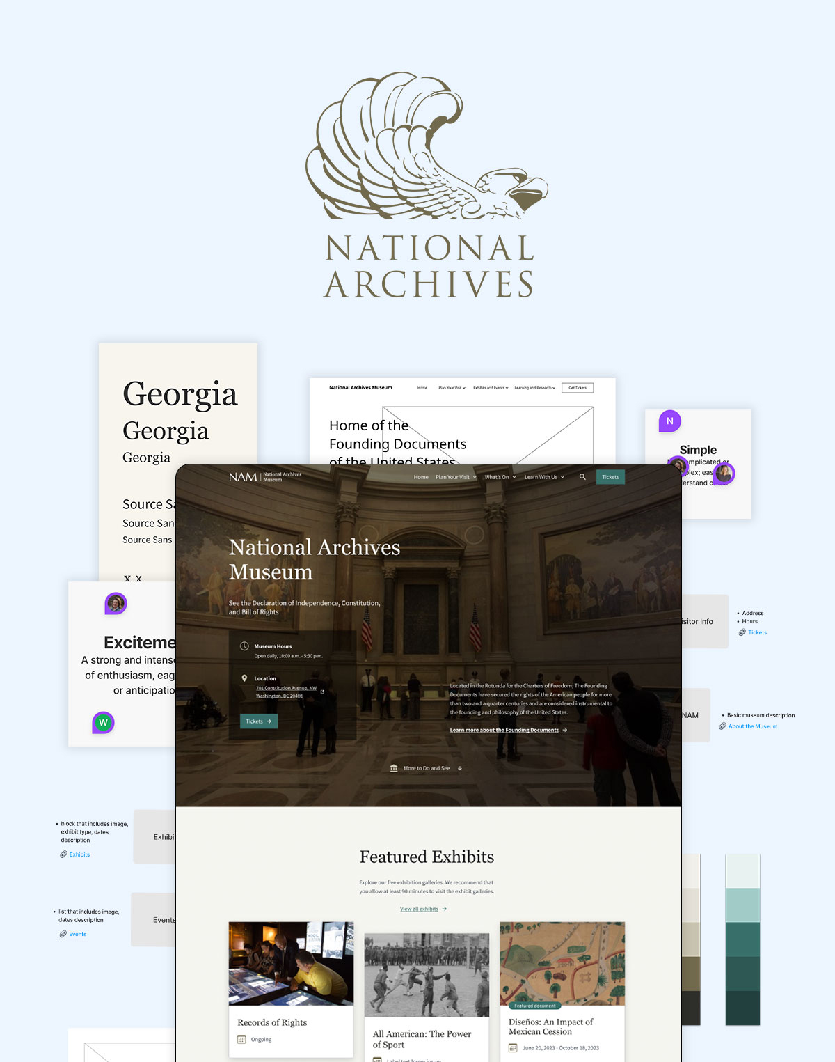 Collage of design elements and home screen for the national archives museum