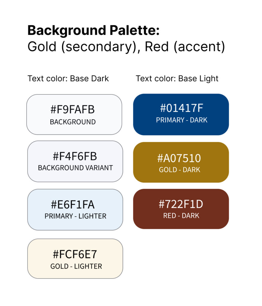 A list of approved background colors for the websites text colors. For the dark text color, there are 4 light backgrounds. For the light text color there are 3 approved backgrounds.