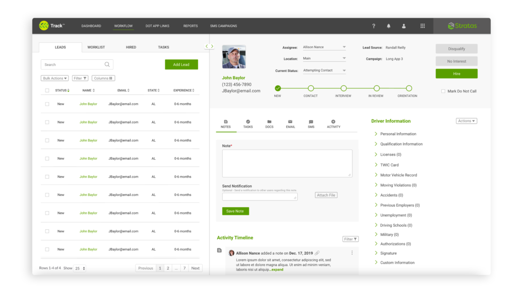 Track workflow screen showing a table of drivers on the left and the selected driver profile on the right