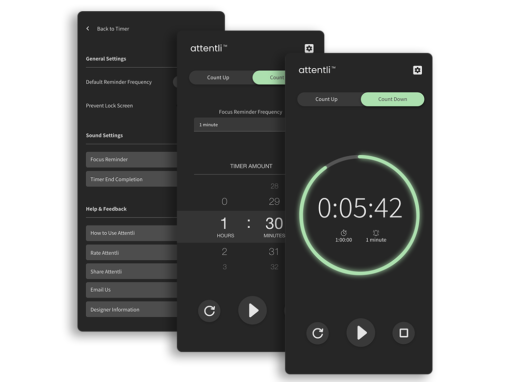 Group of screens showing the Attentli app timer and settings