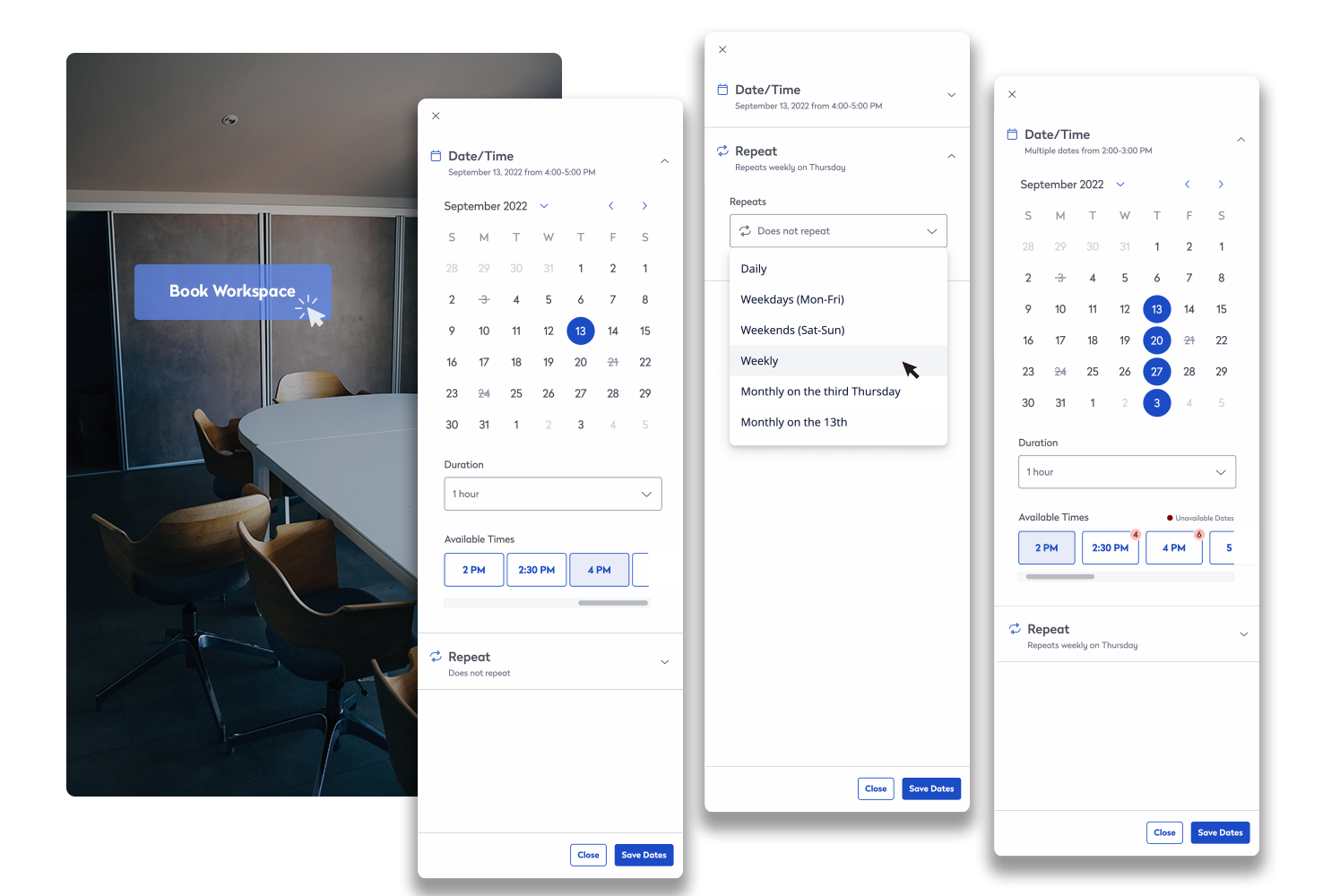 Workspace booking calendar booking screens with calendar and booking options