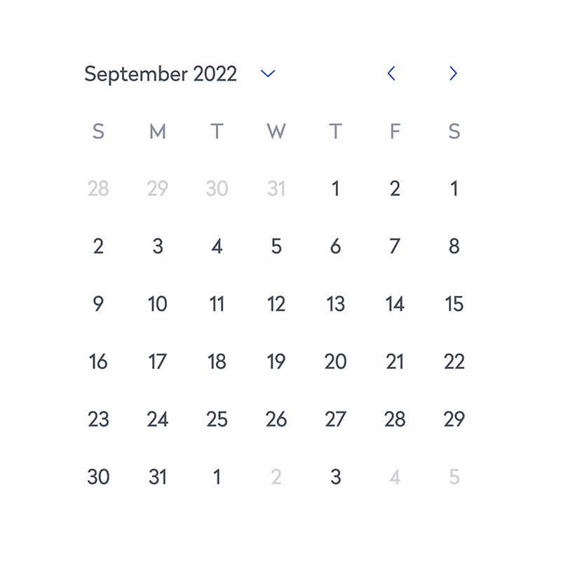 Animation of calendar select and deselect. When an unselected, available date is hovered over, the date will turn light blue with a plus icon indicator. After a date is selected, it turns dark blue. If a selected date is hovered over, it turns light blue and has an X icon indicator. If the user then clicks, the date will turn white and no longer be selected.