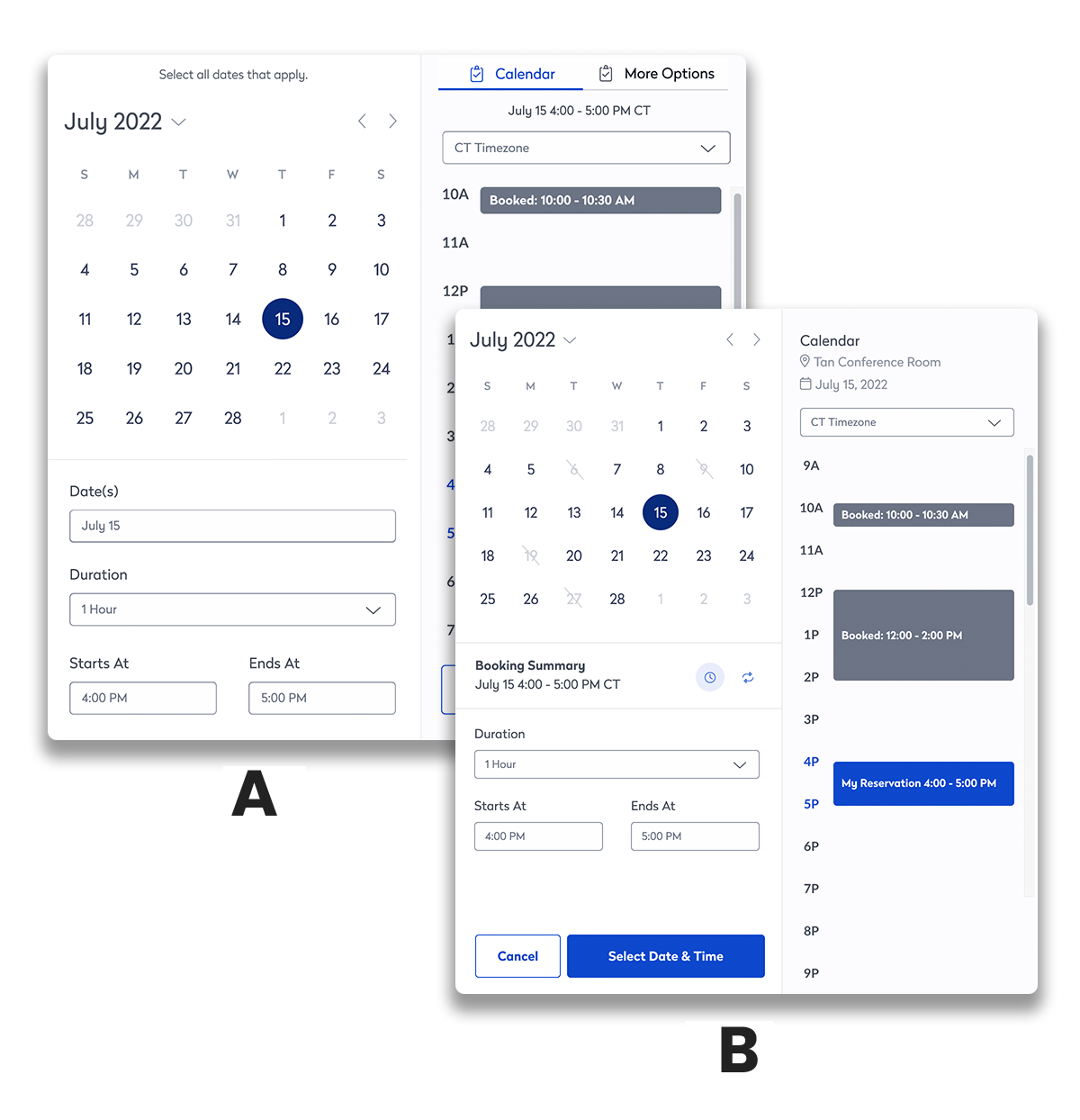 Iterations of booking modal for A/B test. Option A has a tabbed design while option B has everything on one screen