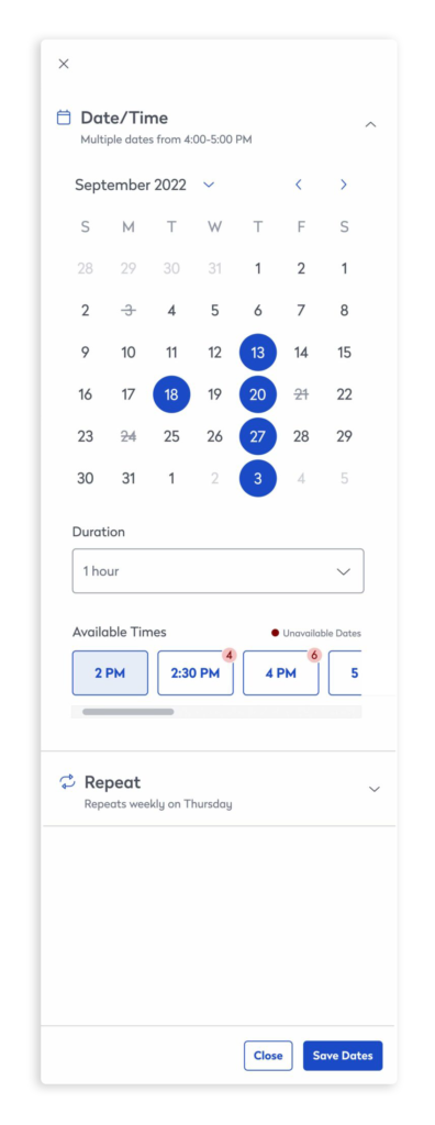 Panel showing recurrence options for booking