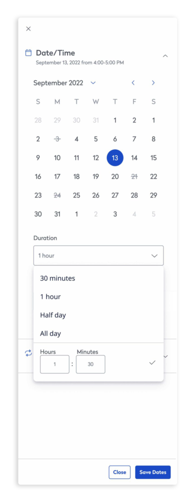 Panel showing meeting duration options including 30 minutes, 1 hour, half day, all day, and a custom duration field