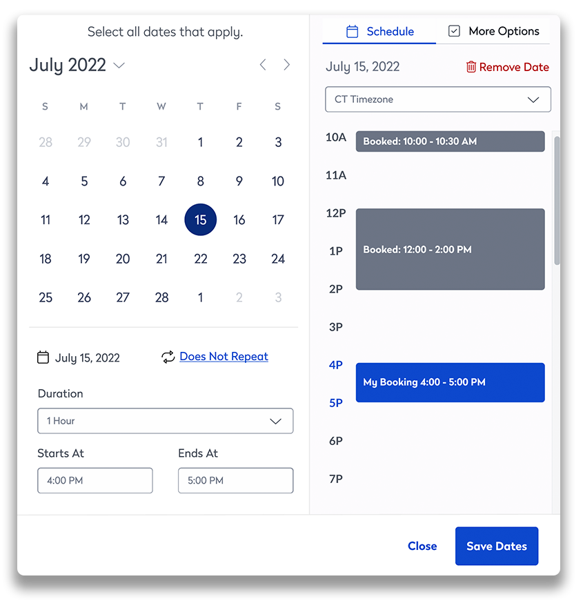 Winning version schedule tab that shows the available and booked times for the selected meeting room