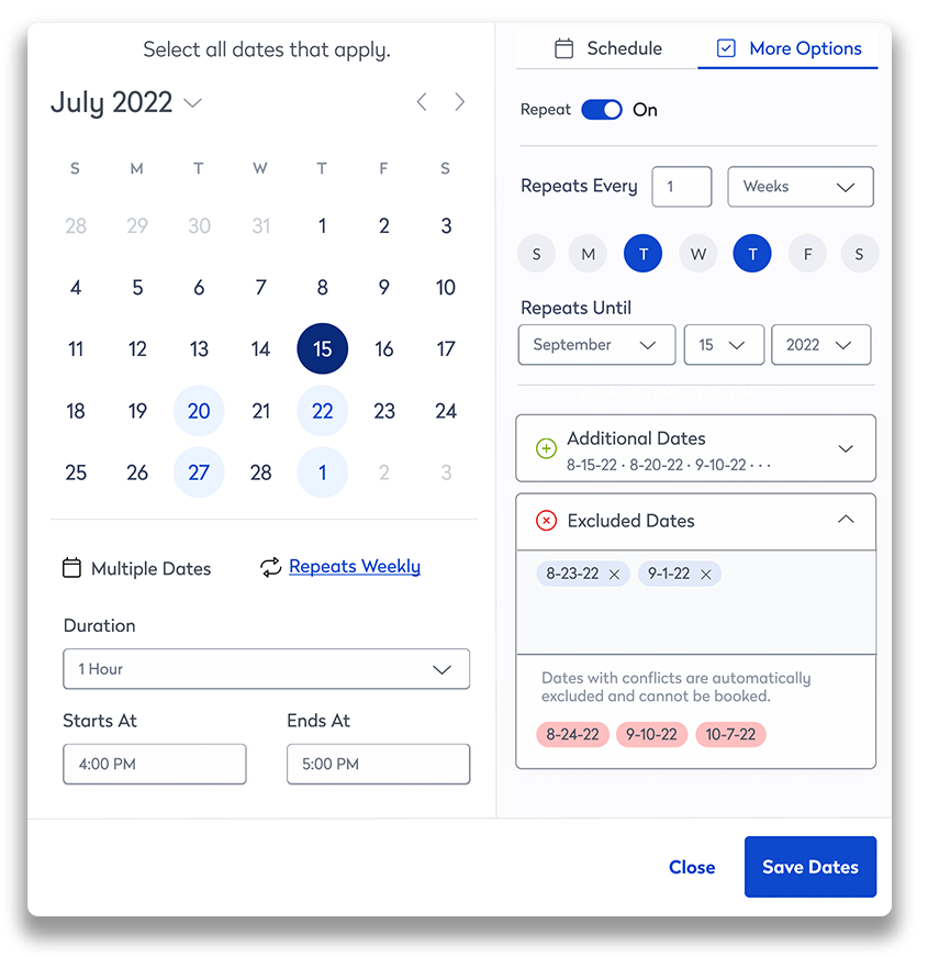 Winning calendar version more options tab. The tab shows booking repeating options.