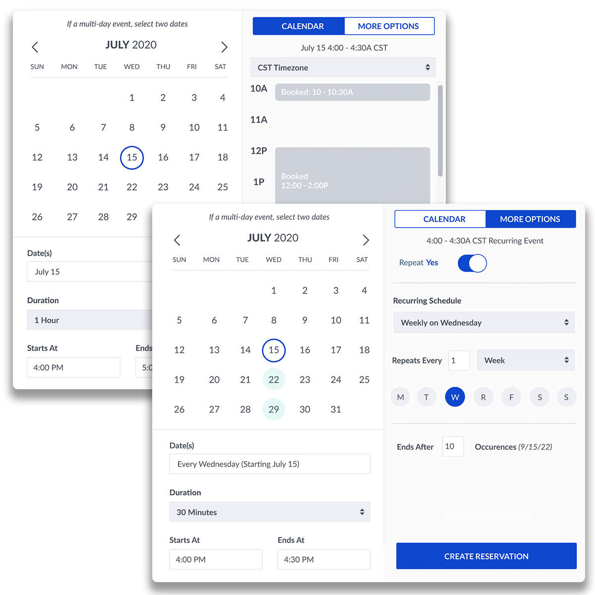 The original calendar with calendar and basic booking information on the left and tabs with meeting room calendar and more options on the right.