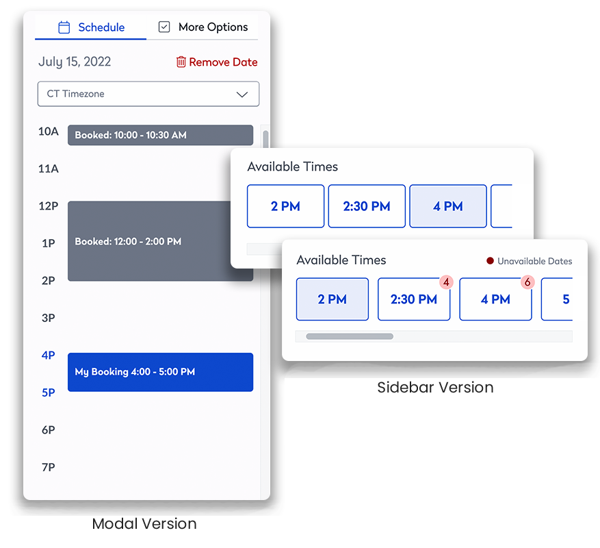 Comparison of the modal version and sidebar version scheduler. The modal version shows a timeline view while the sidebar version has a list of available times.